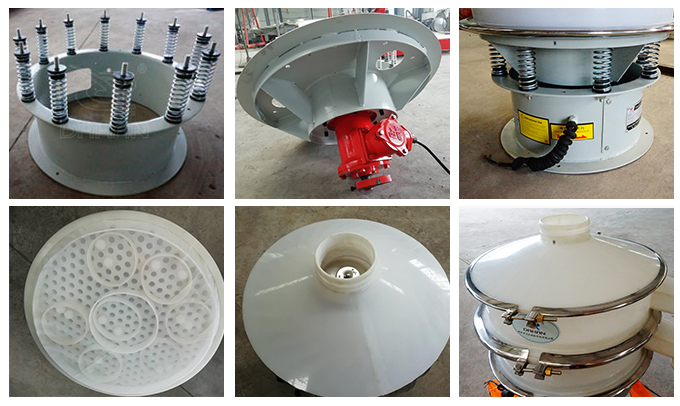 塑料振動(dòng)篩彈簧底座安裝，振動(dòng)電機(jī)安裝，篩網(wǎng)，防塵蓋等安裝圖片展示